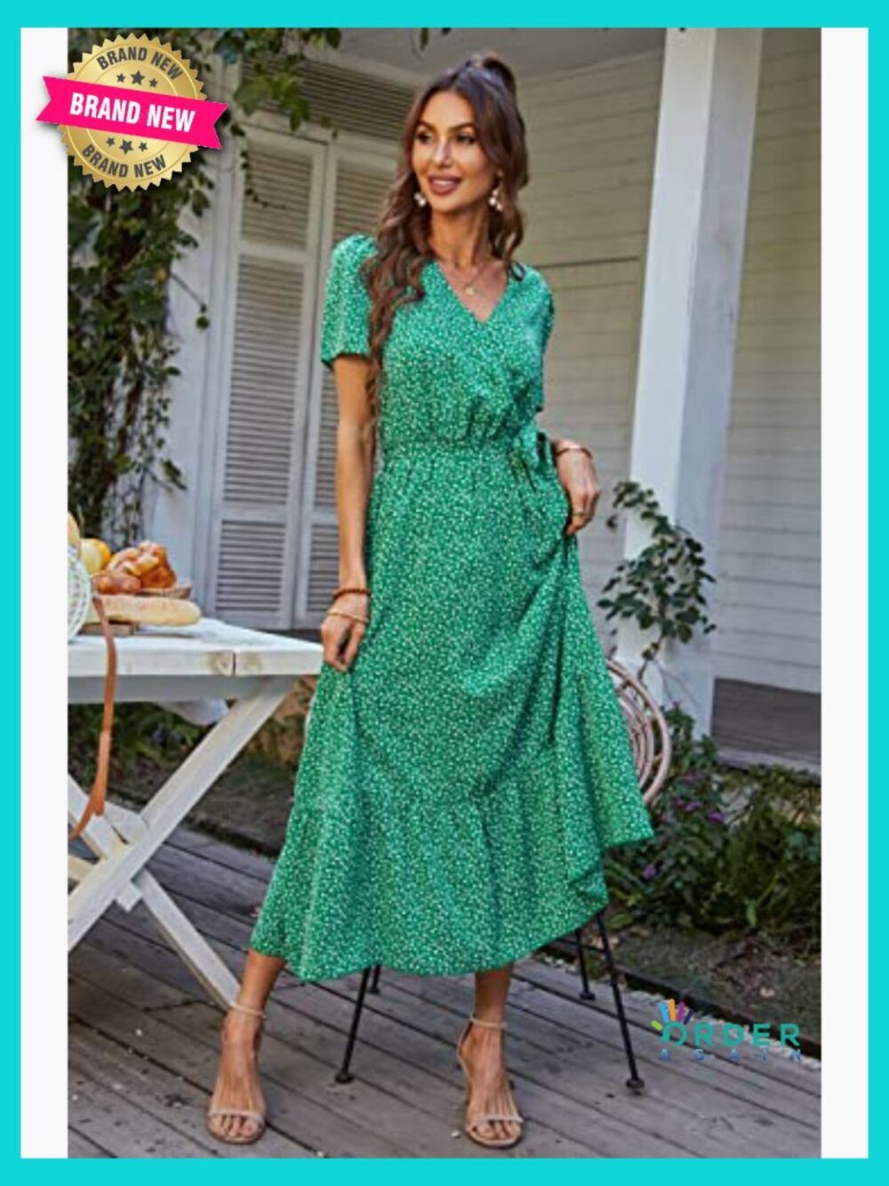 Boho Floral Maxi Dress Wrap V Neck Ruffle Short Sleeve Flowy Beach Wedding Guest - Picture 2 of 7
